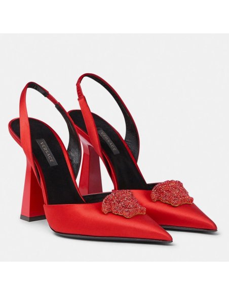 Cheap Reps Versace La Medusa Slingback Pumps In Red Satin