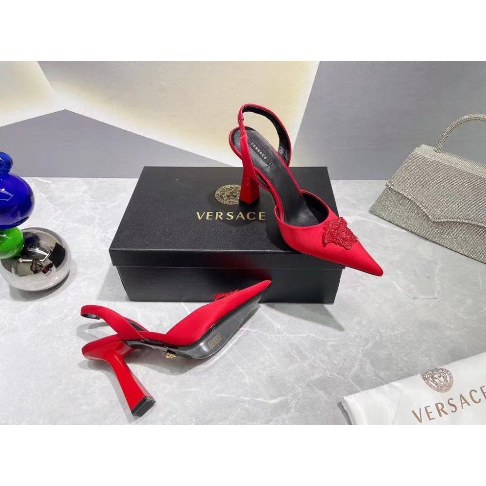 Cheap Reps Versace La Medusa Slingback Pumps In Red Satin