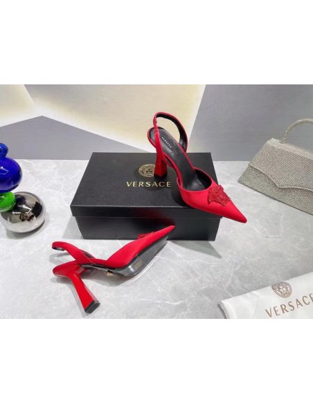 Cheap Reps Versace La Medusa Slingback Pumps In Red Satin