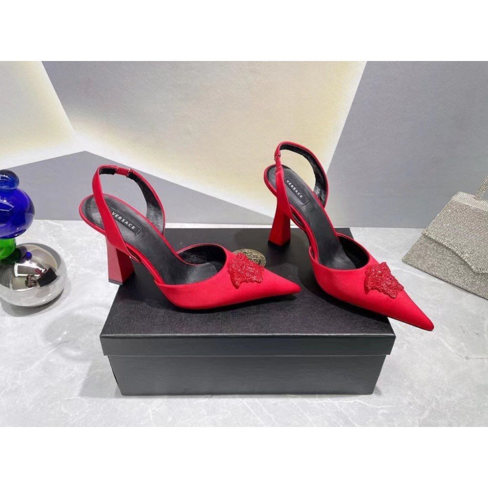 Cheap Reps Versace La Medusa Slingback Pumps In Red Satin