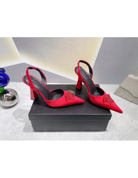 Cheap Reps Versace La Medusa Slingback Pumps In Red Satin