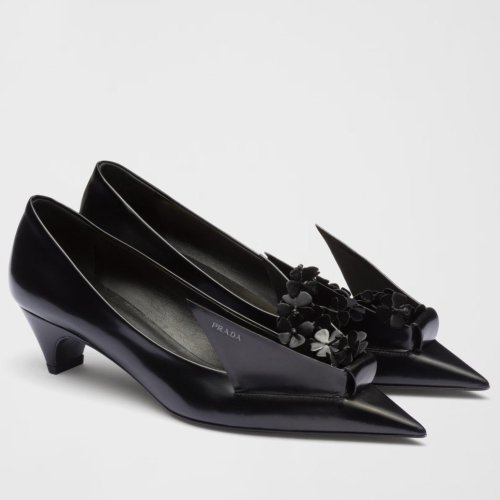 Cheap Reps Prada Pumps 45mm in Black Leather with Floral Appliques
