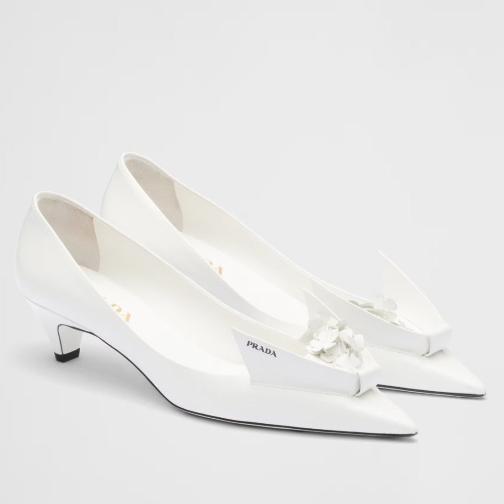 Cheap Reps Prada Pumps 45mm in White Leather with Floral Appliques