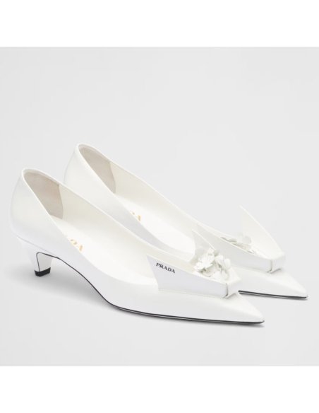 Cheap Reps Prada Pumps 45mm in White Leather with Floral Appliques