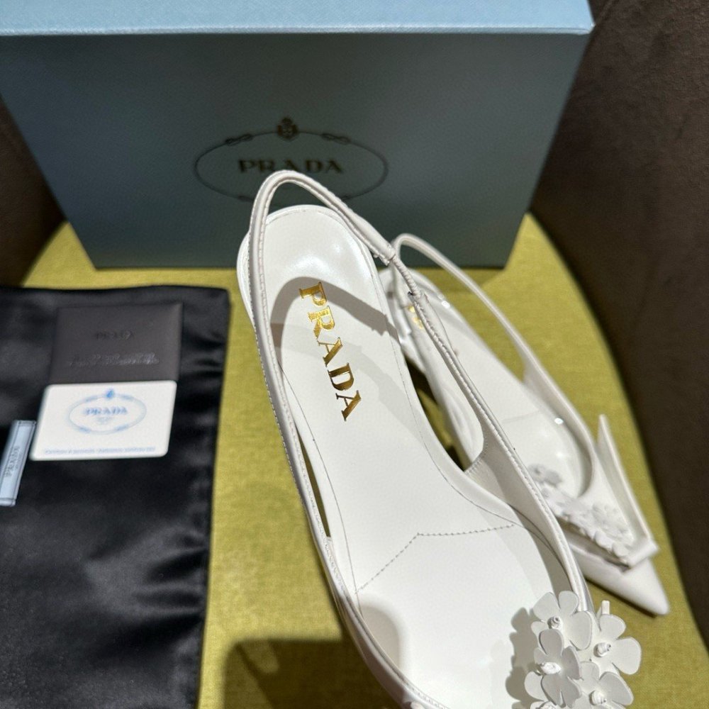 Cheap Reps Prada Pumps 45mm in White Leather with Floral Appliques