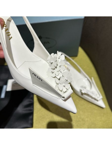 Cheap Reps Prada Pumps 45mm in White Leather with Floral Appliques