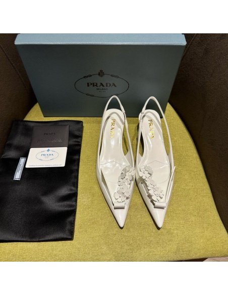 Cheap Reps Prada Pumps 45mm in White Leather with Floral Appliques