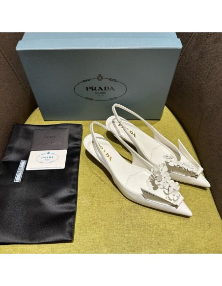 Cheap Reps Prada Pumps 45mm in White Leather with Floral Appliques