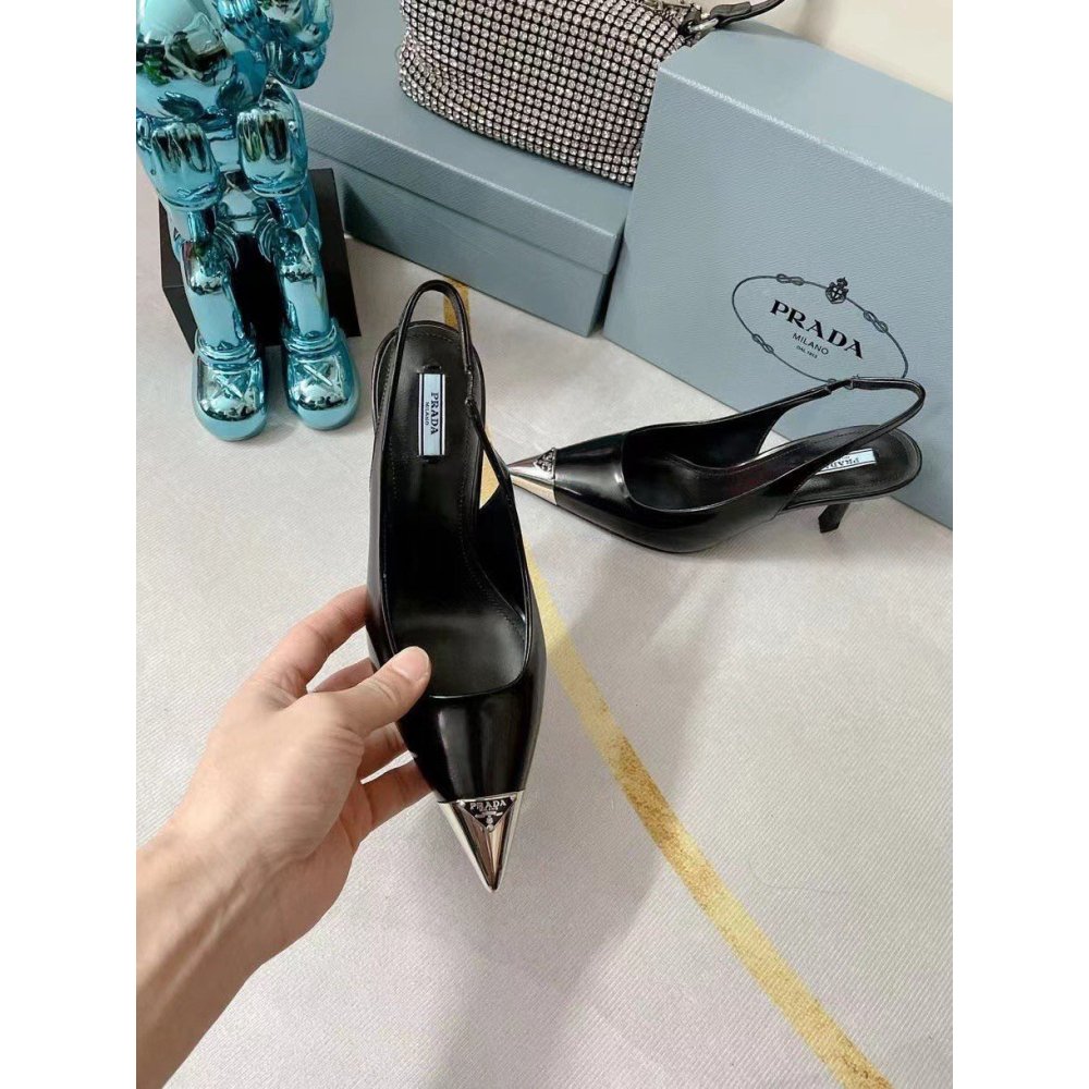 Cheap Reps Prada Slingback Pumps 75MM In Black Brushed Leather