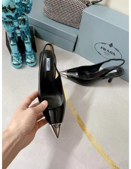 Cheap Reps Prada Slingback Pumps 75MM In Black Brushed Leather