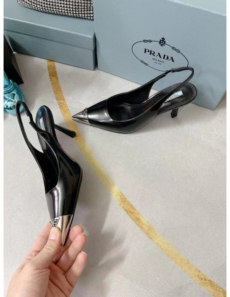 Cheap Reps Prada Slingback Pumps 75MM In Black Brushed Leather