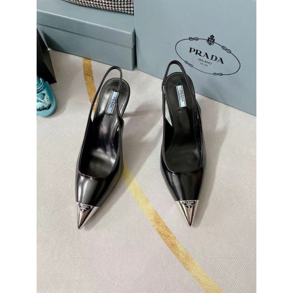 Cheap Reps Prada Slingback Pumps 75MM In Black Brushed Leather