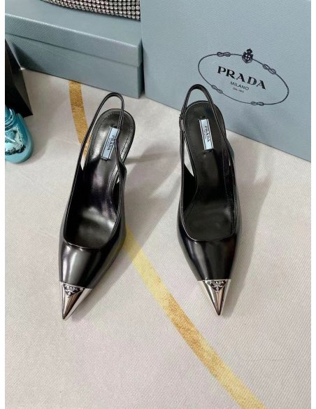 Cheap Reps Prada Slingback Pumps 75MM In Black Brushed Leather
