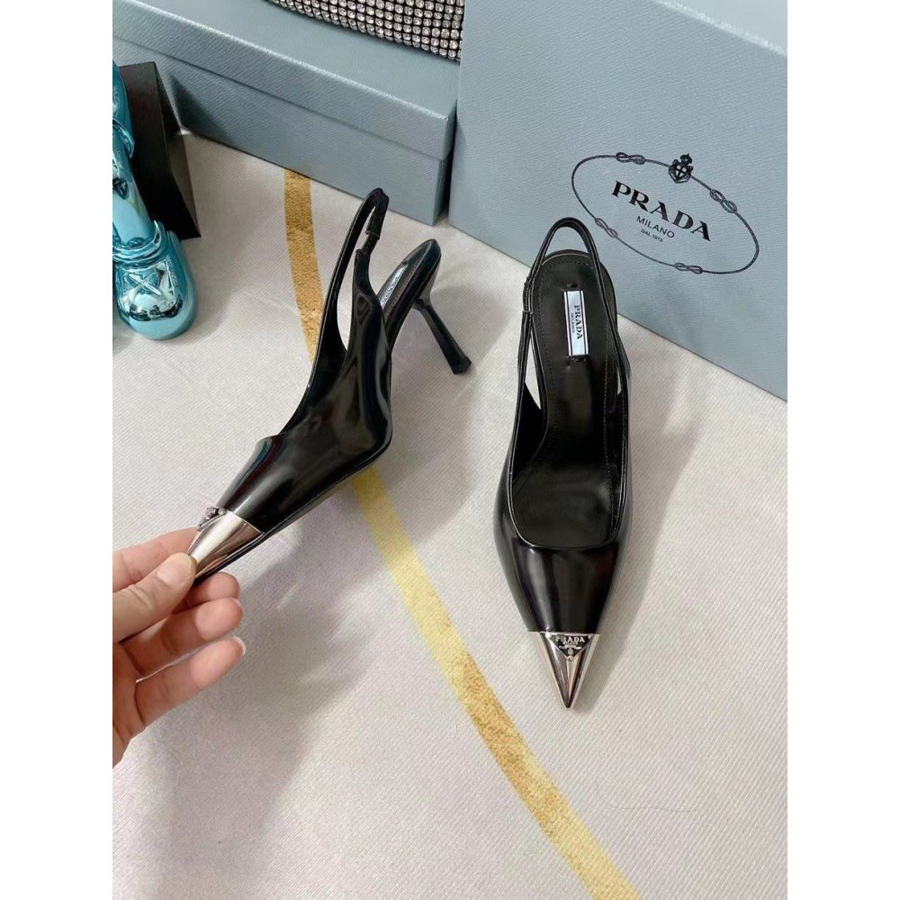 Cheap Reps Prada Slingback Pumps 75MM In Black Brushed Leather