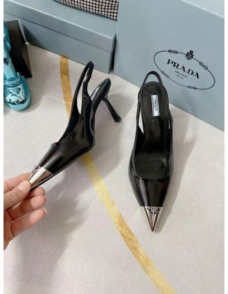 Cheap Reps Prada Slingback Pumps 75MM In Black Brushed Leather
