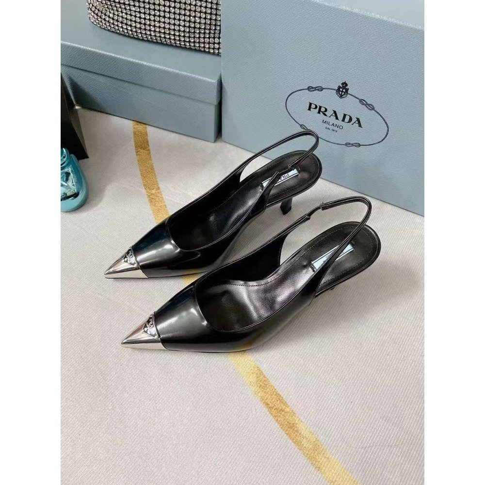Cheap Reps Prada Slingback Pumps 75MM In Black Brushed Leather
