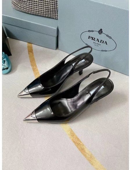 Cheap Reps Prada Slingback Pumps 75MM In Black Brushed Leather