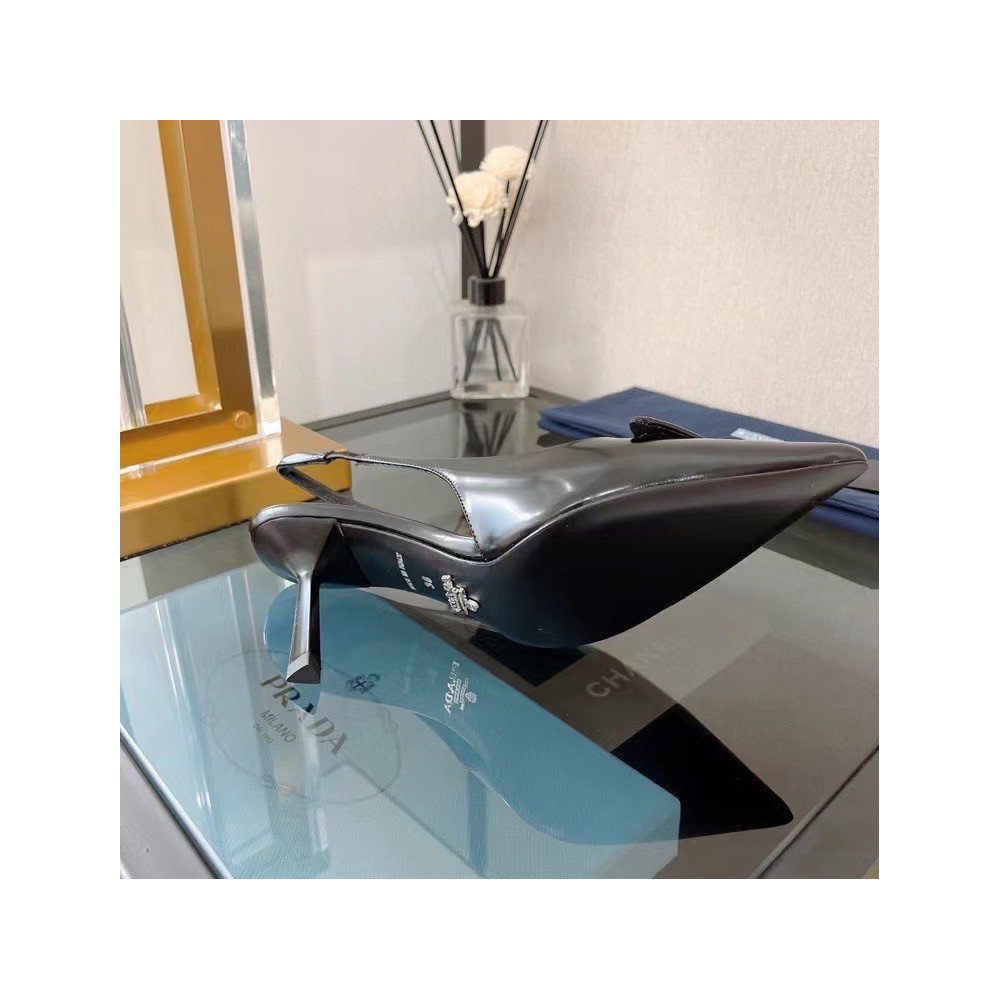 Cheap Reps Prada Slingback Pumps 75MM In Noir Brushed Leather