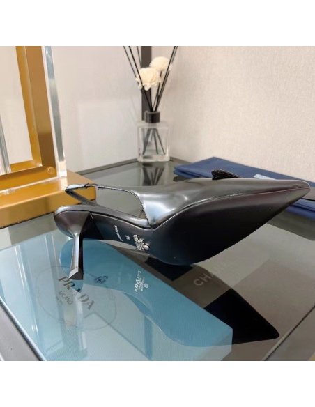 Cheap Reps Prada Slingback Pumps 75MM In Noir Brushed Leather