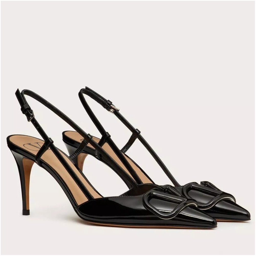 Cheap Reps Valentino Vlogo Slingback Pumps 80mm In Black Patent Leather