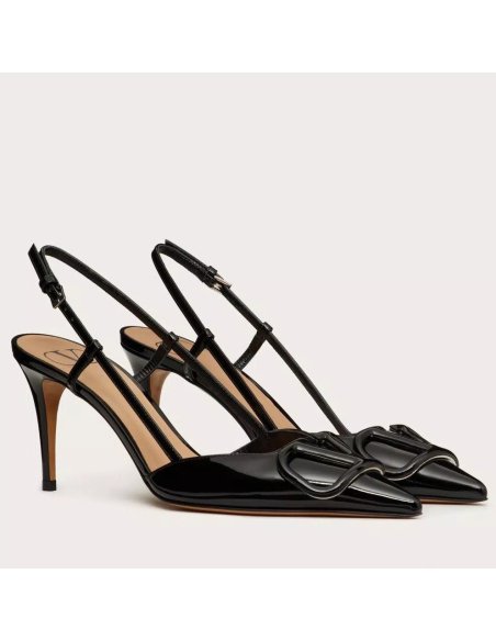 Cheap Reps Valentino Vlogo Slingback Pumps 80mm In Black Patent Leather
