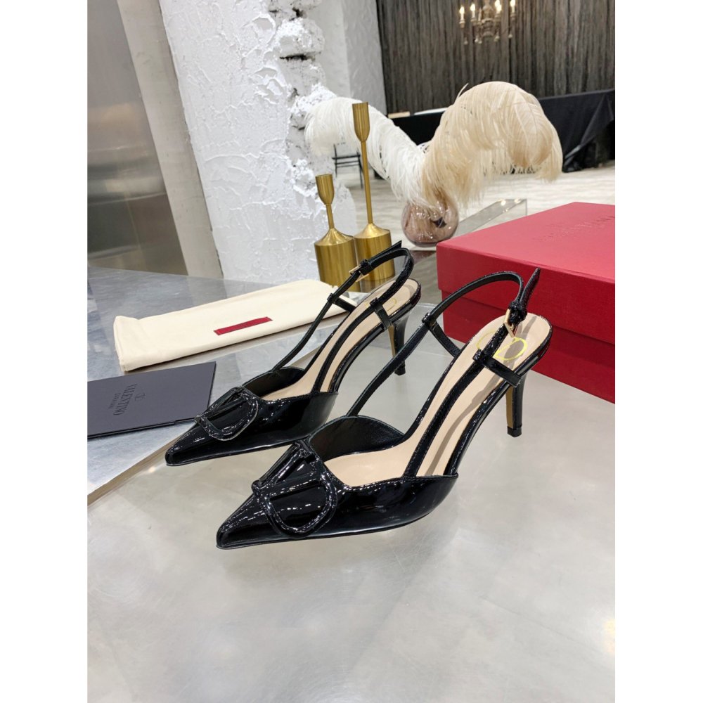 Cheap Reps Valentino Vlogo Slingback Pumps 80mm In Black Patent Leather