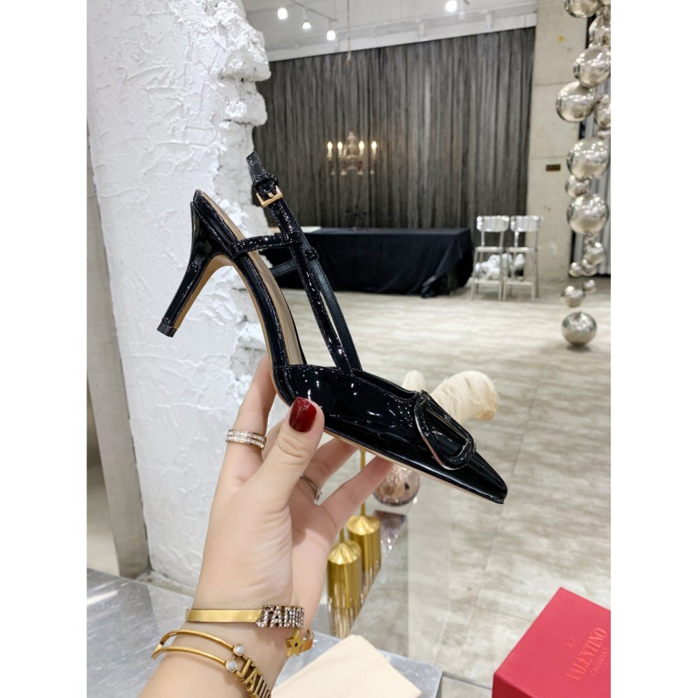 Cheap Reps Valentino Vlogo Slingback Pumps 80mm In Black Patent Leather