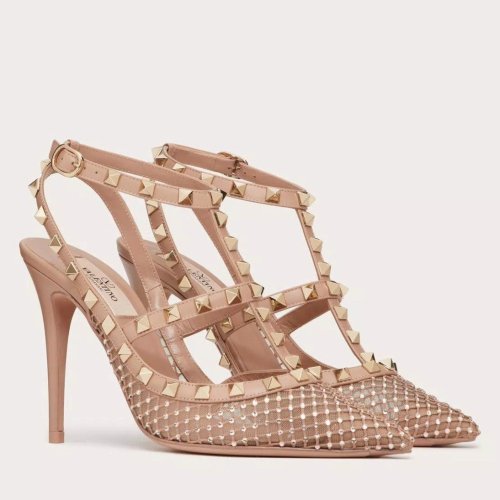 Cheap Reps Valentino Rockstud Pumps 100mm in Nude Mesh with Crystal