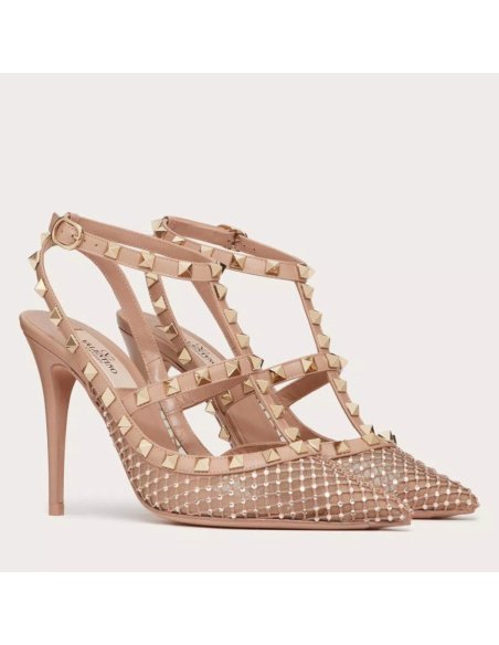Cheap Reps Valentino Rockstud Pumps 100mm in Nude Mesh with Crystal