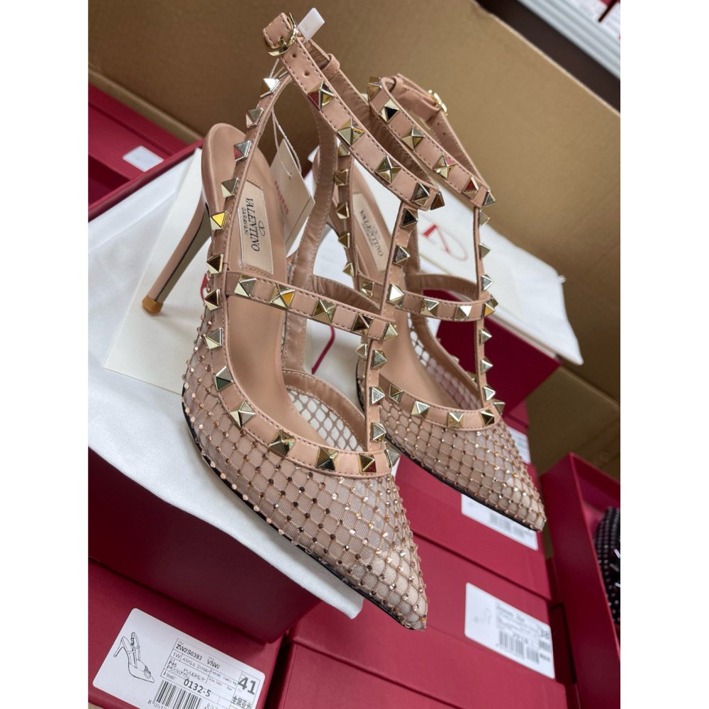 Cheap Reps Valentino Rockstud Pumps 100mm in Nude Mesh with Crystal