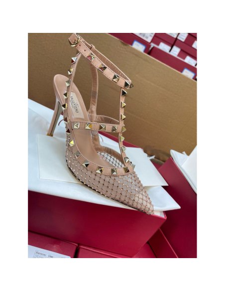Cheap Reps Valentino Rockstud Pumps 100mm in Nude Mesh with Crystal