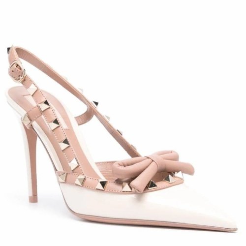 Cheap Reps Valentino Rockstud Bow Slingback Pumps 100mm in White Patent Leather