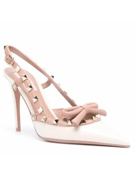 Cheap Reps Valentino Rockstud Bow Slingback Pumps 100mm in White Patent Leather