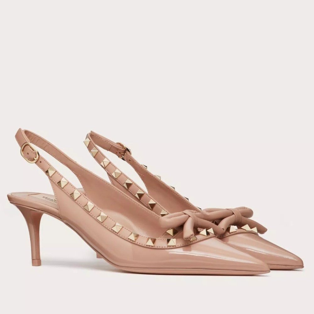 Cheap Reps Valentino Rockstud Bow Slingback Pumps 60mm in Beige Patent Leather