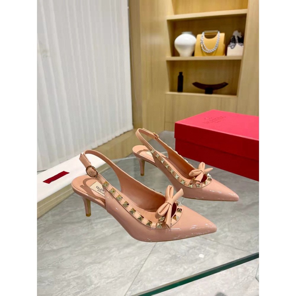 Cheap Reps Valentino Rockstud Bow Slingback Pumps 60mm in Beige Patent Leather