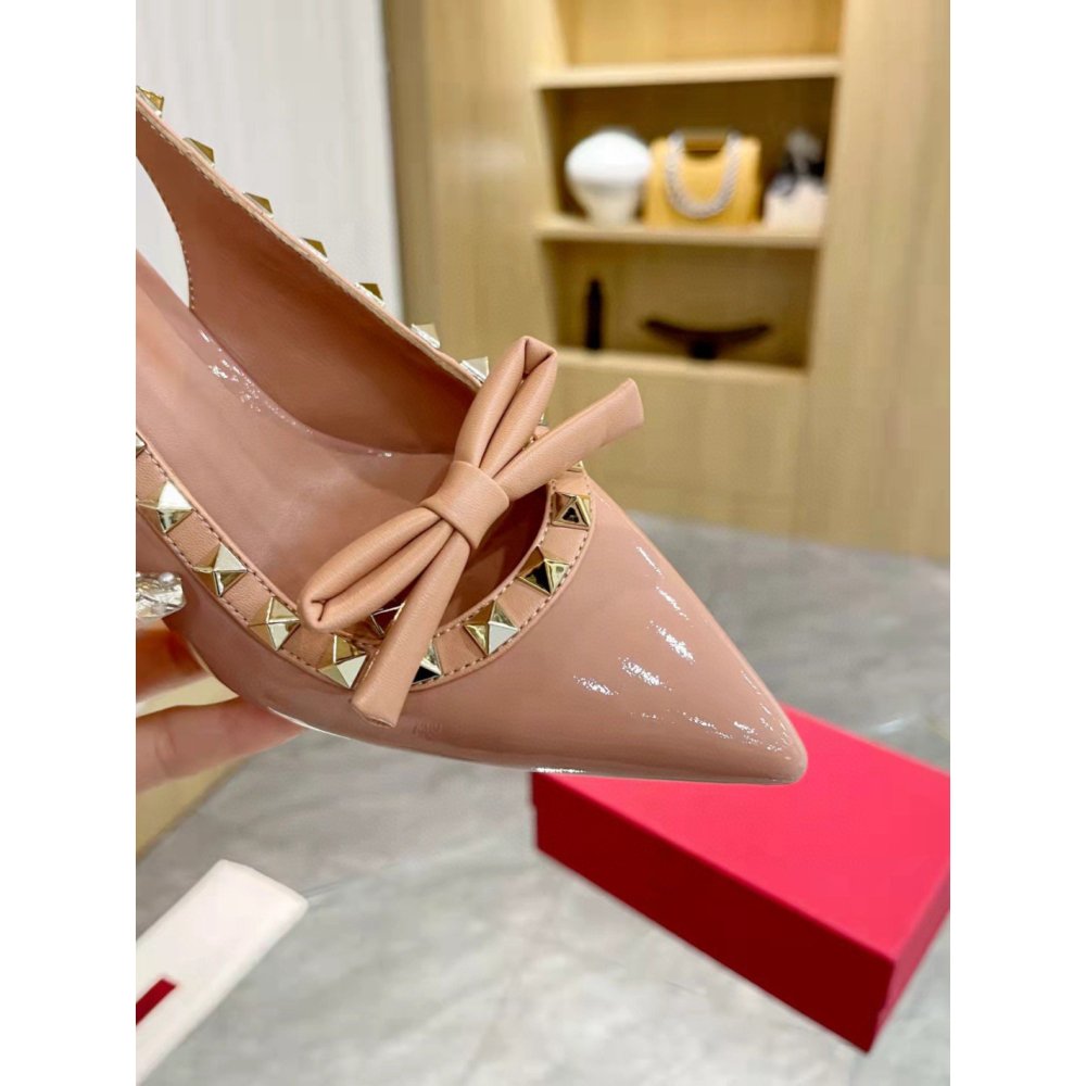 Cheap Reps Valentino Rockstud Bow Slingback Pumps 60mm in Beige Patent Leather