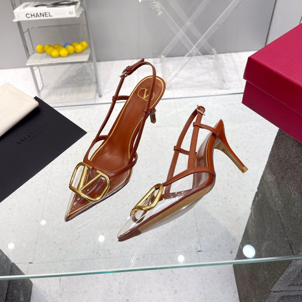 Cheap Reps Valentino Vlogo Slingback Pumps 80mm in PVC with Brown Leather