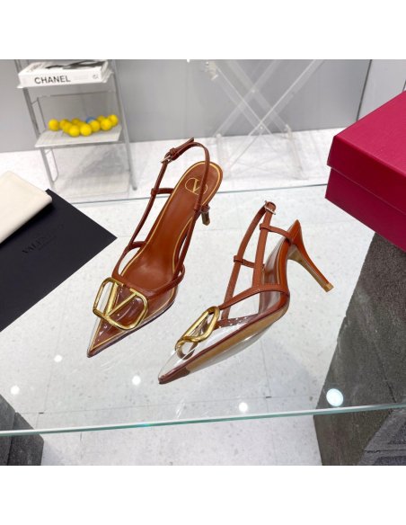 Cheap Reps Valentino Vlogo Slingback Pumps 80mm in PVC with Brown Leather
