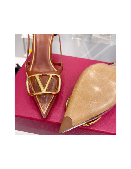 Cheap Reps Valentino Vlogo Slingback Pumps 80mm in PVC with Brown Leather