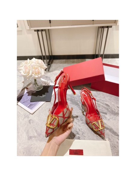 Cheap Reps Valentino Vlogo Slingback Pumps 80mm In Red Toile Iconographe