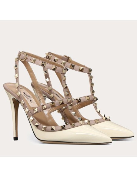 Cheap Reps Valentino Rockstud Caged Pumps 100mm In White Patent Leather