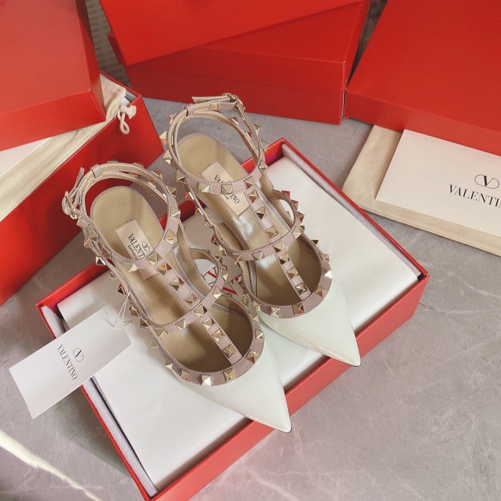 Cheap Reps Valentino Rockstud Caged Pumps 100mm In White Patent Leather
