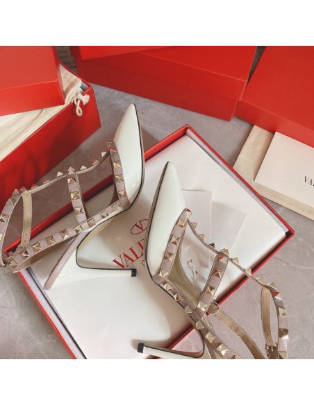 Cheap Reps Valentino Rockstud Caged Pumps 100mm In White Patent Leather