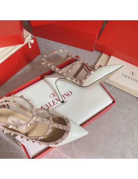 Cheap Reps Valentino Rockstud Caged Pumps 100mm In White Patent Leather