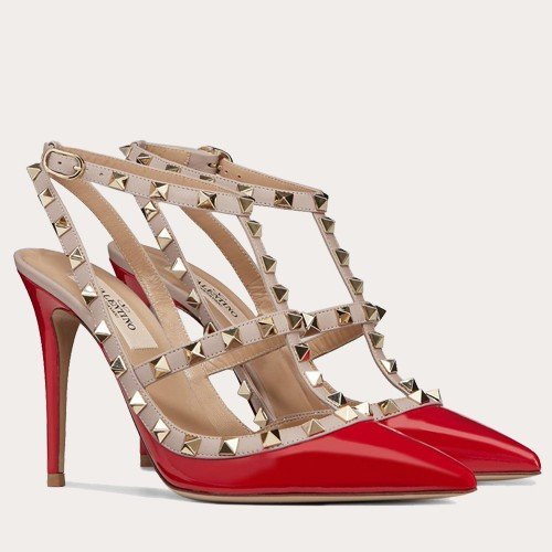 Cheap Reps Valentino Rockstud Caged Pumps 100mm In Red Patent Leather