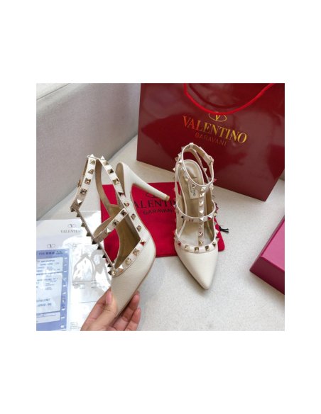 Cheap Reps Valentino Rockstud Ankle Strap Pumps 100mm In White Calfskin