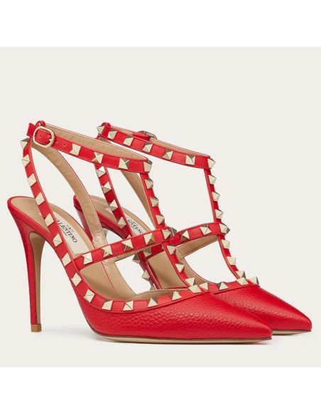 Cheap Reps Valentino Rockstud Ankle Strap Pumps 100mm In Red Calfskin