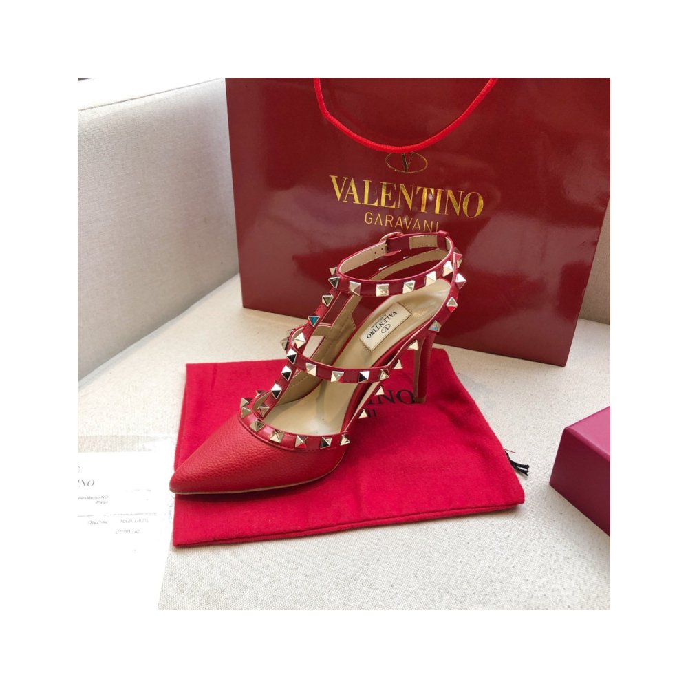 Cheap Reps Valentino Rockstud Ankle Strap Pumps 100mm In Red Calfskin