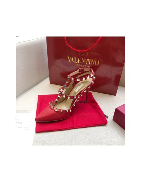 Cheap Reps Valentino Rockstud Ankle Strap Pumps 100mm In Red Calfskin