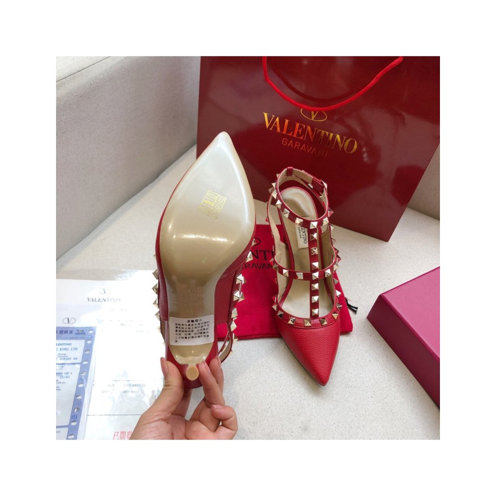 Cheap Reps Valentino Rockstud Ankle Strap Pumps 100mm In Red Calfskin